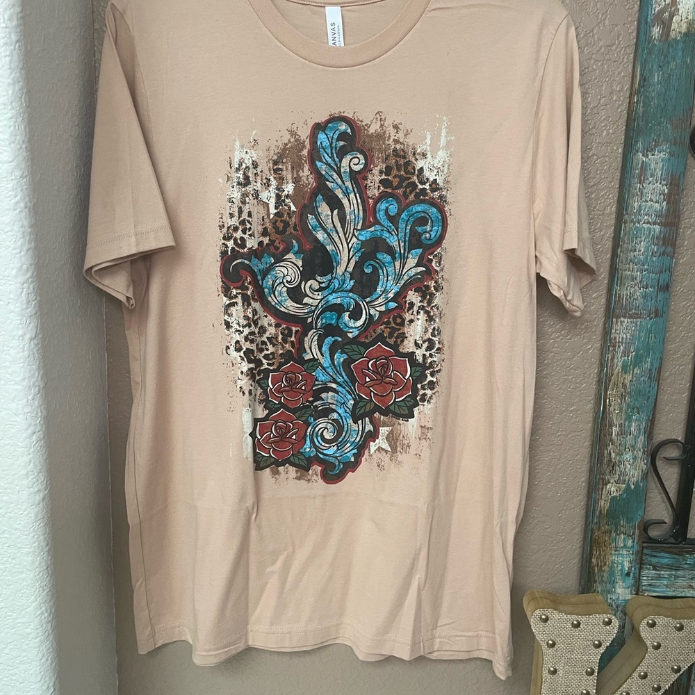 Artistic Beige T-Shirt with Blue and Red Floral Design